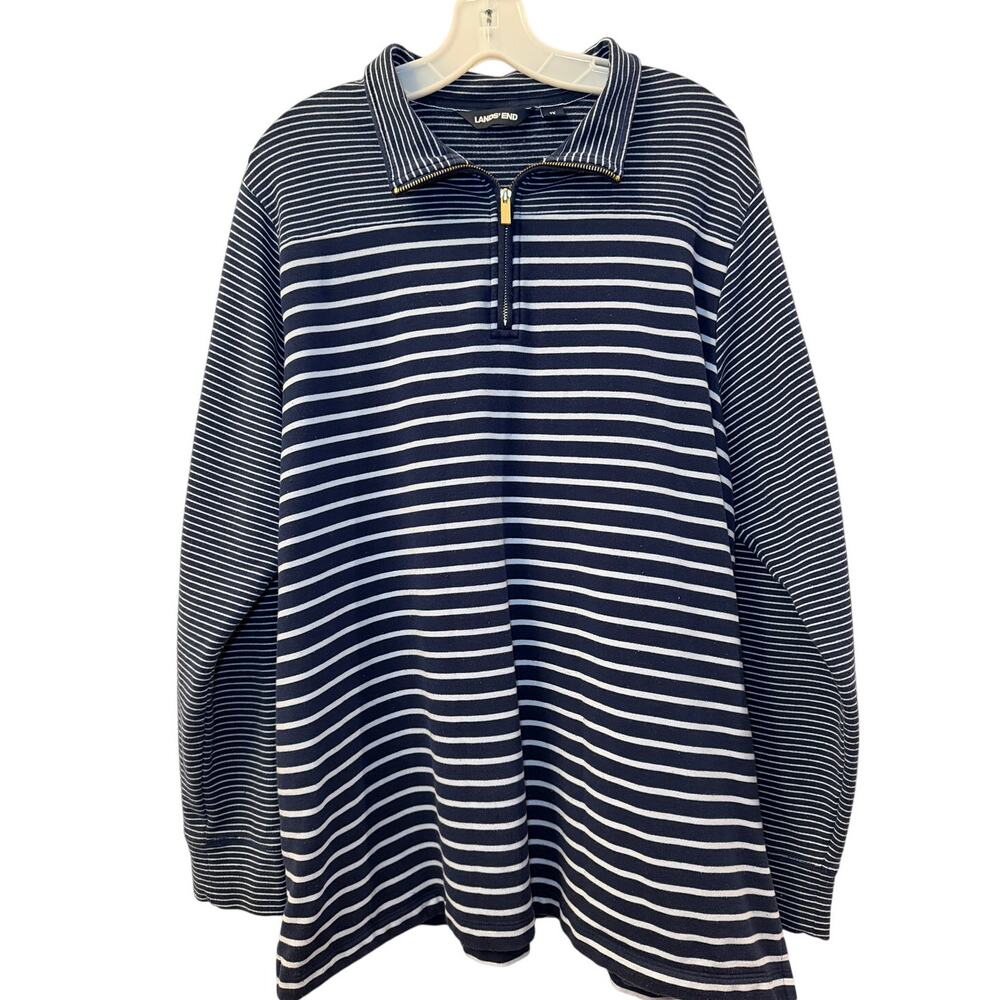 Lands' End Quarter Zip Cotton Blend Pullover Womens 1X Navy Blue Stripes